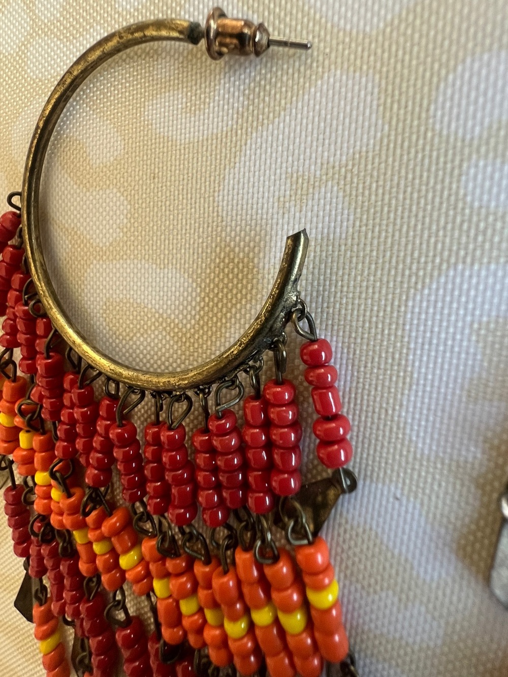 Boho Beaded Fringe Hoop Earrings — Red & Orange 4 inch - Picture 6 of 8